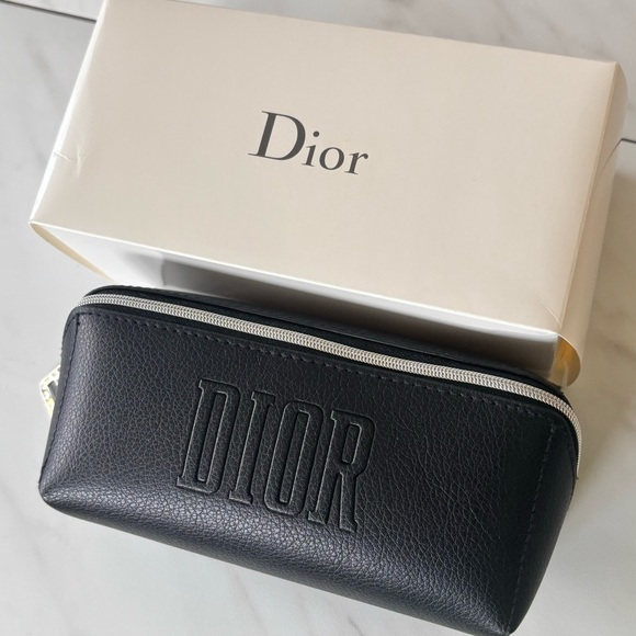 DIOR Black Faux Leather Cosmetic Pouch Makeup Bag Case Embossed Logo New - Picture 8 of 14